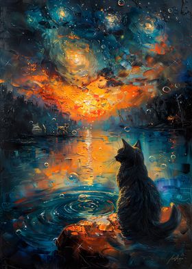 Starry Night sunset cat