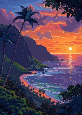 Sunset Hawaii Pixel Art