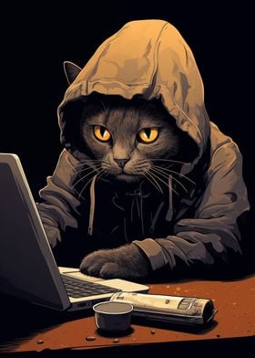 Cat sits at the computer