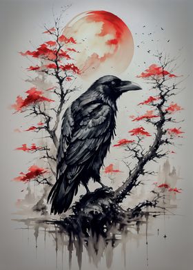 Japanese Red Moon Raven