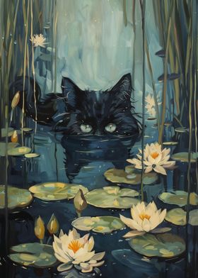 Black Cat Hiding in River