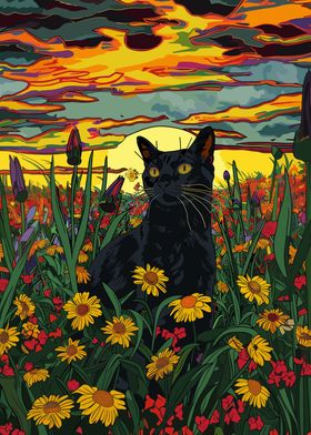 Cat in Field of Flowers