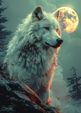 White Wolf At Full Moon