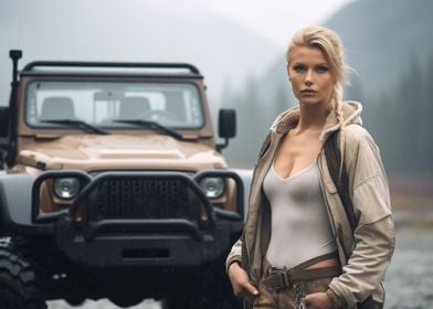 Woman and off road car