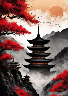 Japan Landscape Black Red