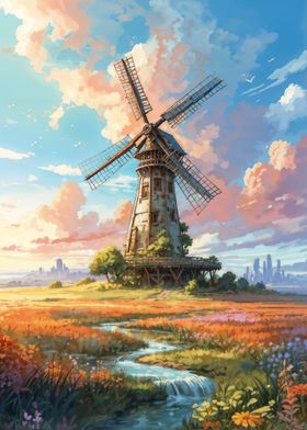 Windmill in a flower field