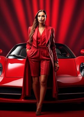 Woman in red and supercar