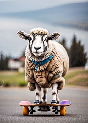 Sheep riding a skateboard