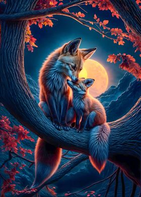 Moonlit Fox Family Embrace