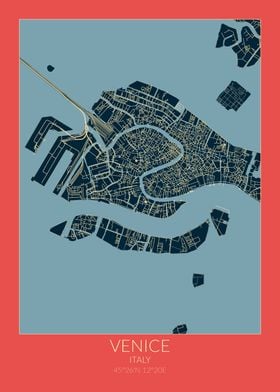 Venice Map Red Blue