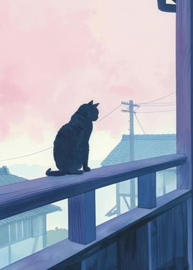 Black Cat Japan Painting