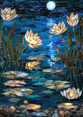 Moonlit Lotus Pond Mosaic