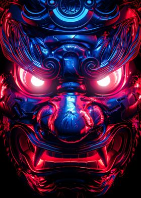 Neon glowing samurai mask