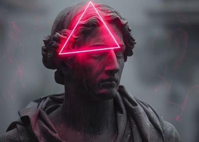 statue with neon triangle