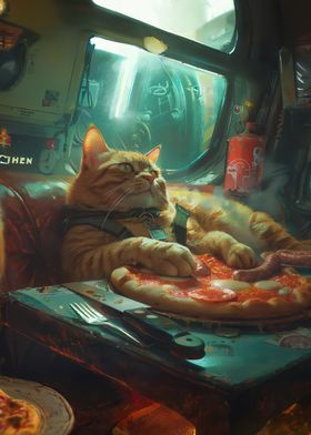 Ginger cat and big pizza