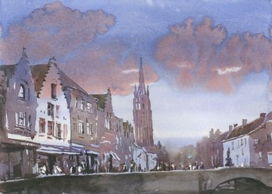 Bruges Skyline watercolor