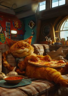 Ginger cat eat pizza