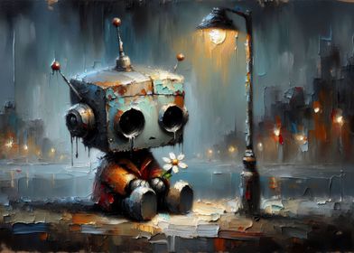 Melancholy Robot in City