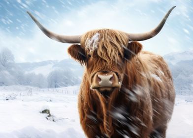 Highland cow in snow