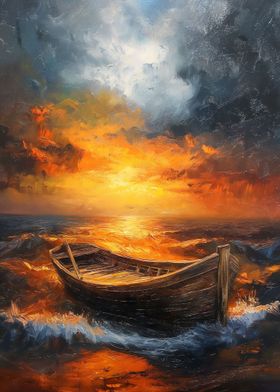 Sunset Waves Boat Sea