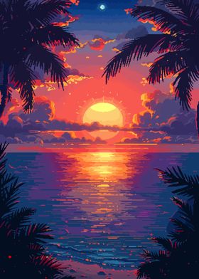 Sunset Beach Pixel Art