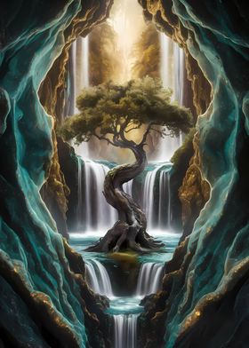 golden bonsai falls art