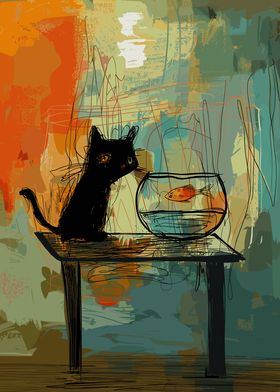 Cat with Gold Fish Poster
