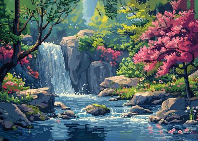 Spring Waterfall Pixel Art