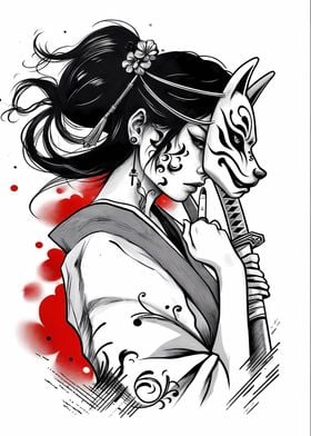 samurai girl  kitsune mask