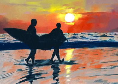 Surfing on beach sunset