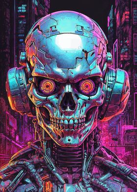 Cyberpunk Cityscape Skull