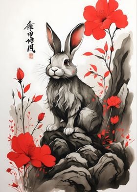 Japan Rabbit Ink Art