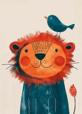 Joyful Lion with a bird