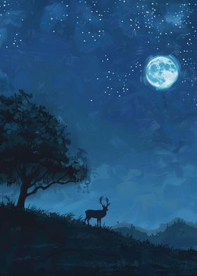 Deer Under Starry Sky