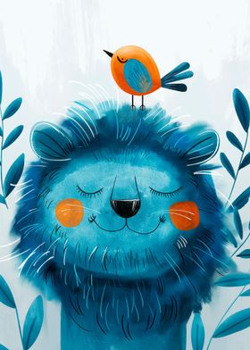 Joyful Lion with a bird