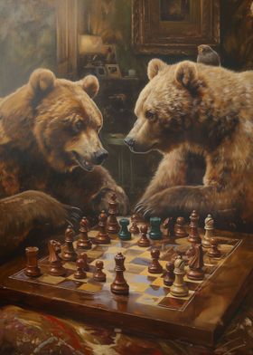 Bears Playing Chess Game