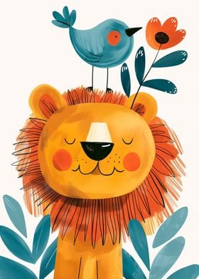 Joyful Lion with a bird