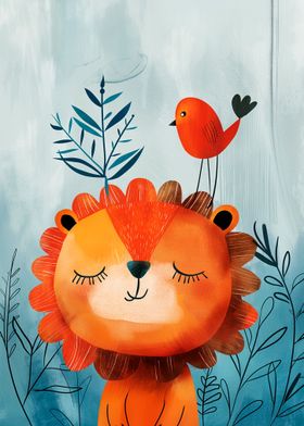 Joyful Lion with a bird