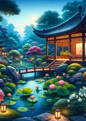 Asian Garden Twilight Moon