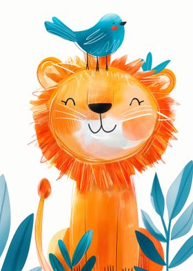 Joyful Lion with a bird