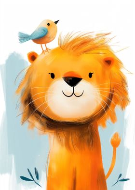 Joyful Lion with a bird