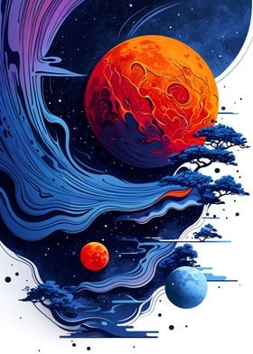 Orange Moon Blue Waves