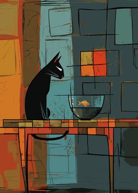 Black Cat with Gold Fish 