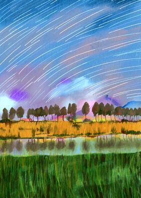 Rural scene star trail