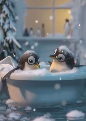 Penguins Bath Washing Cute