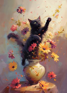 Black Cat Jumping Flowers