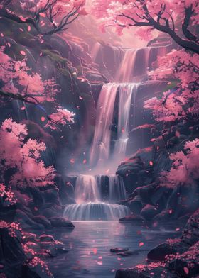 Sakura Trees and Waterfall