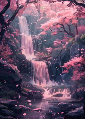 Sakura Trees and Waterfall