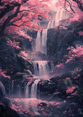 Sakura Trees and Waterfall