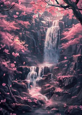 Sakura Trees and Waterfall